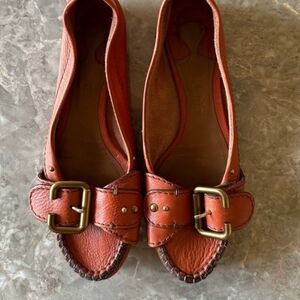 Chloe Orange and Brown Leather Flats with Buckle